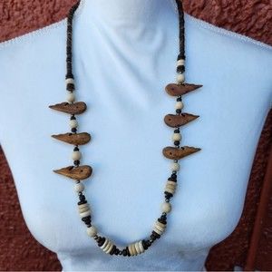 Wooden Carved Whales and Wood Bead Statement Necklace